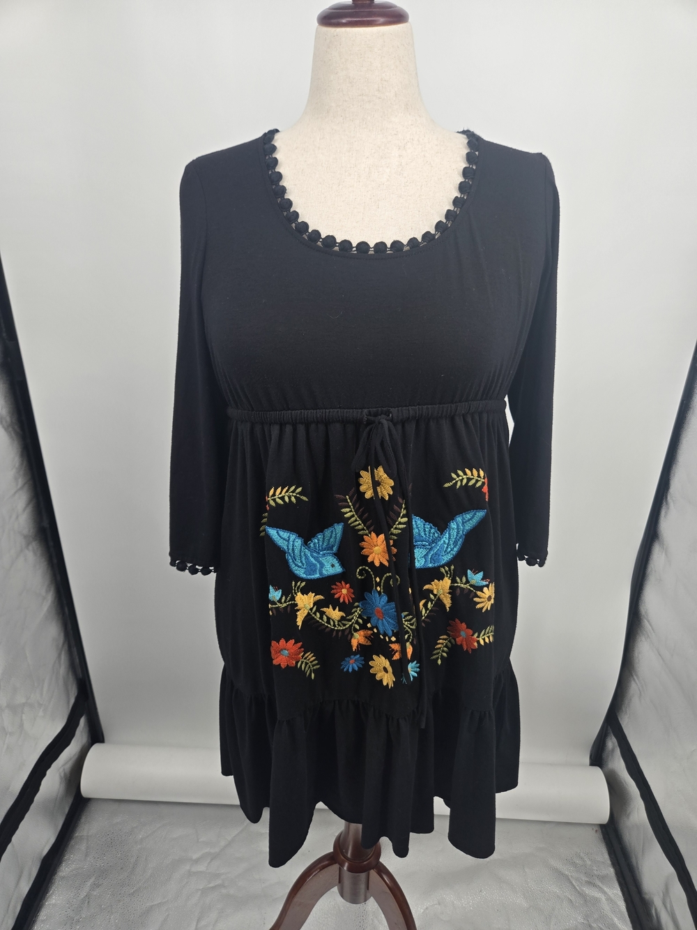 Uncle Frank Black Bluebird Embroidery Tiered Mini Dress XL (8614)